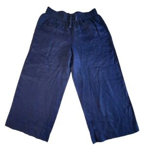 J.CREW Cropped Linen Pants Womens Medium Navy Blue Cotton Wide Leg Coastal Beach